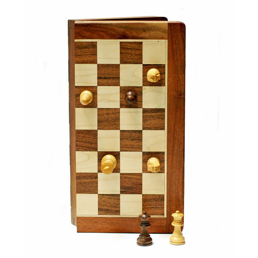 Travel Magnetic Wood Folding Chess Set, 7 inches, with pieces arranged on board.