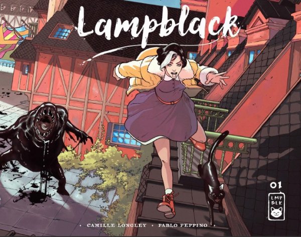 Lampblack Issue 1 cover with ink girl, monster, and black cat in fantasy style.