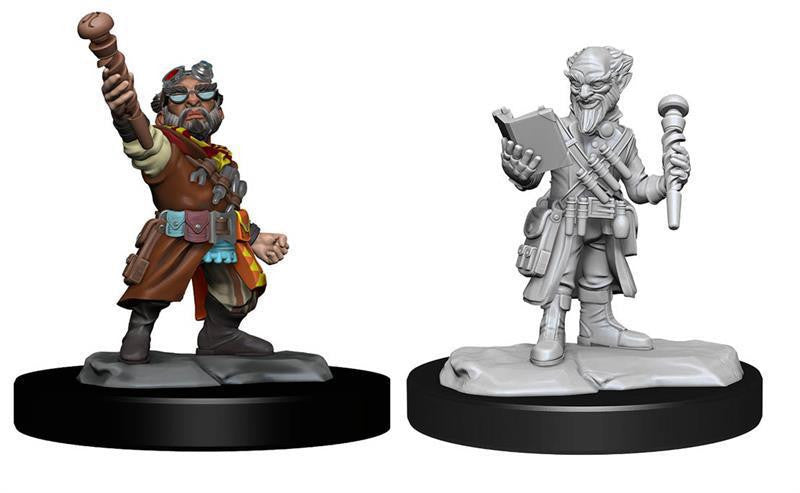 D&D NMU Gnome Artificer Male W14 miniatures: one painted brown/red, one unpainted, both holding staff and book.