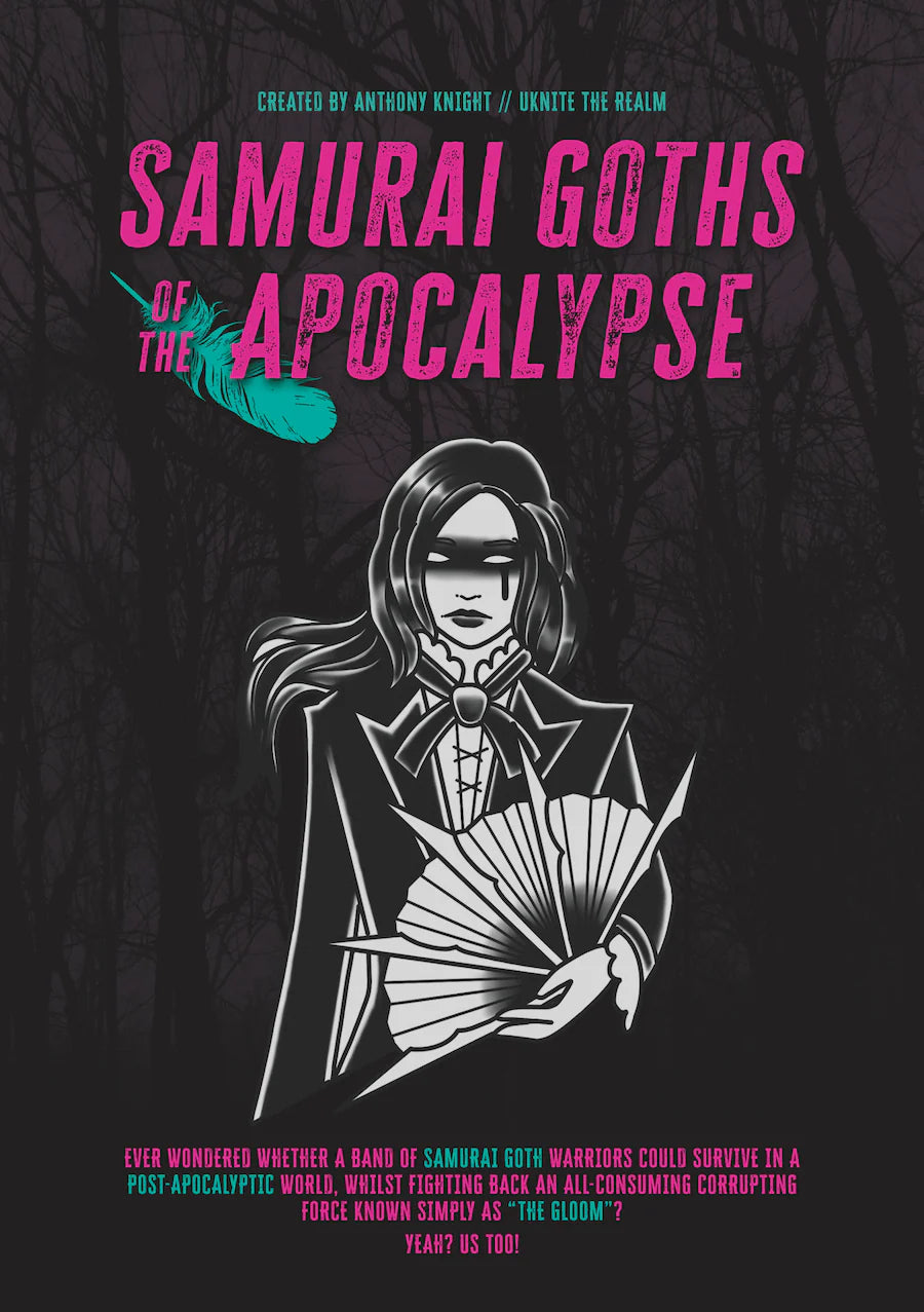 Samurai Goths of the Apocalypse TTRPG cover featuring a gothic samurai woman with fans and neon pink title text.