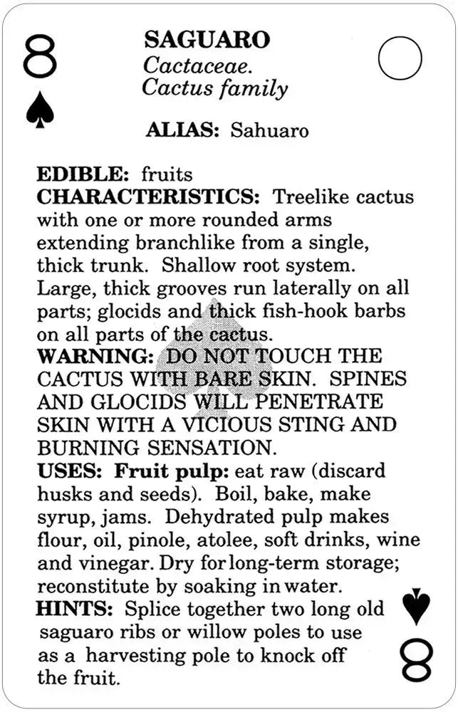 Edible Wild Foods Playing Cards featuring Saguaro cactus, edible fruit, uses, and identification tips for foragers.