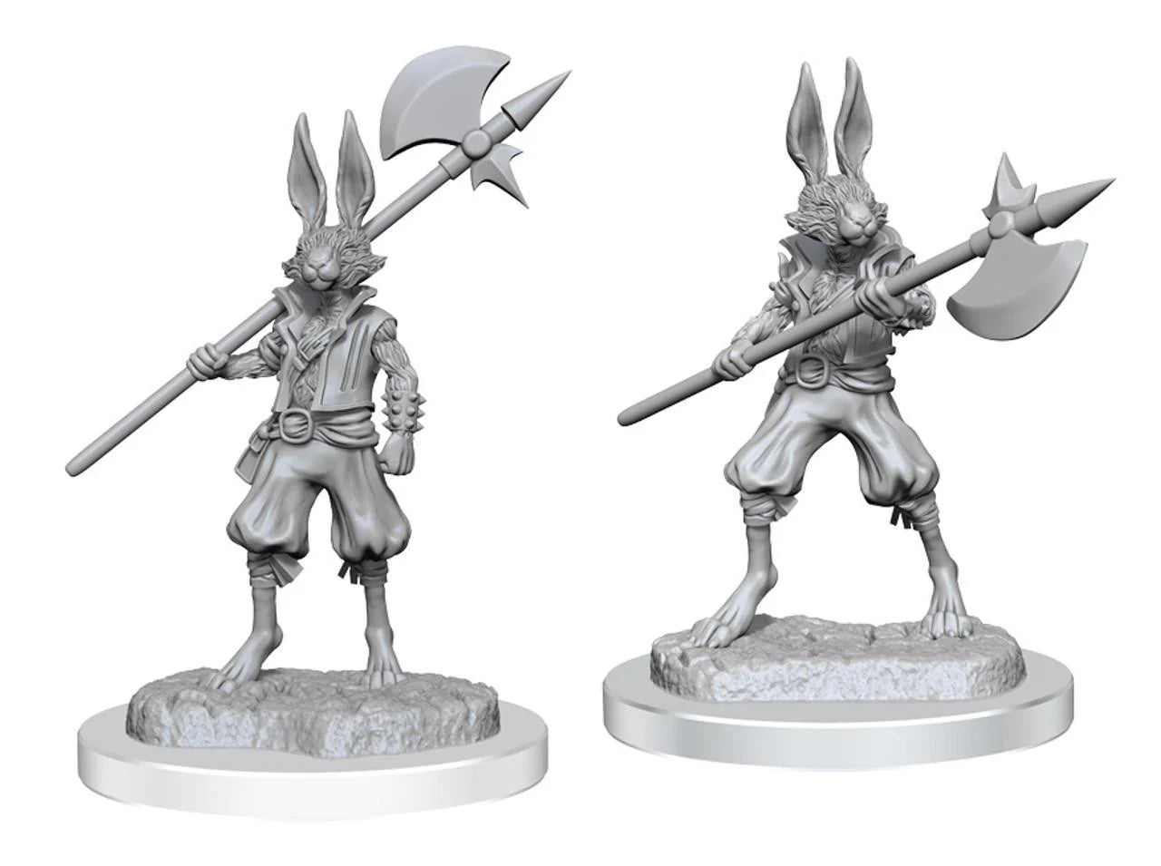Two D&D: NMU Harengon Brigands W18 miniatures with poleaxes.