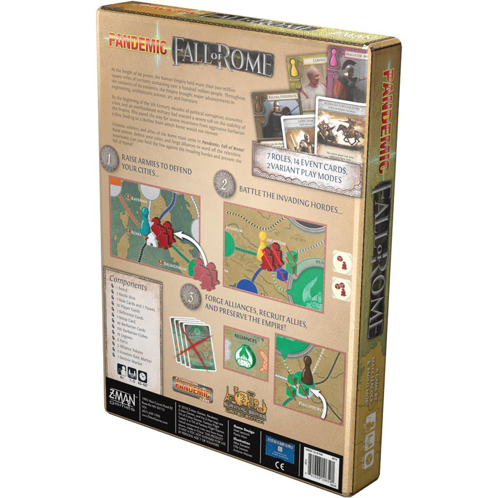Pandemic Fall of Rome box back showing game pieces, rules, and Roman Empire-themed graphics.