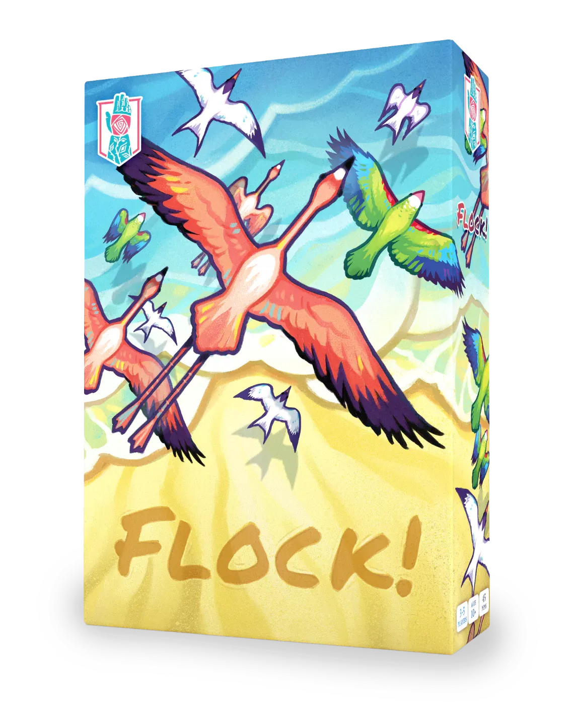 Flock card game with illustrations of colorful birds and sandy landscapes on the cards.