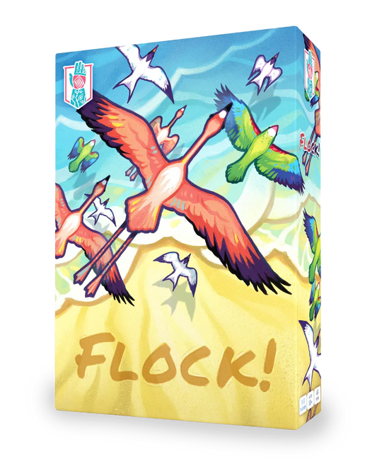 Flock card game with illustrations of colorful birds and sandy landscapes on the cards.