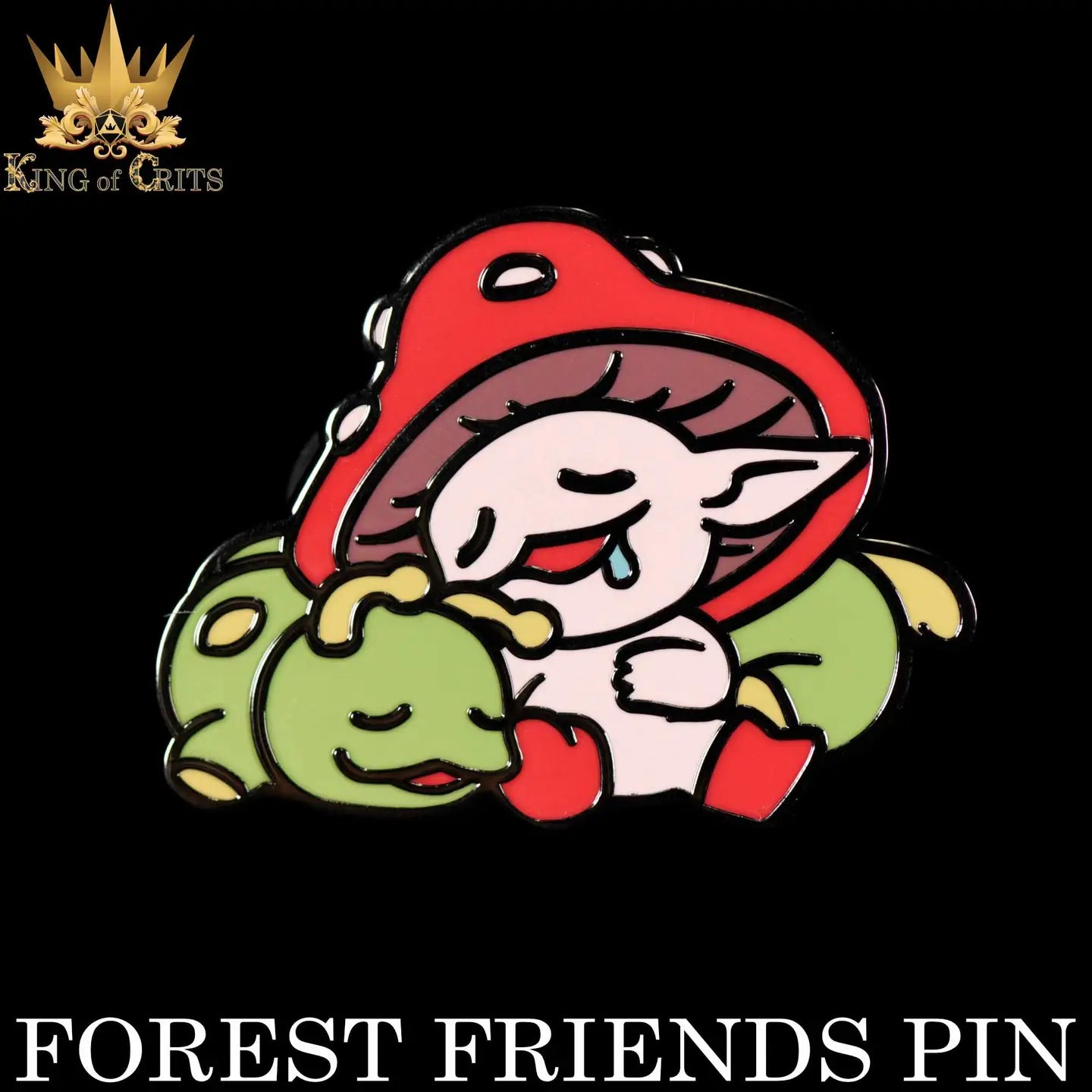 Forest Friends Enamel Pin showing a mushroom-capped elf and a green creature cuddling and napping together.