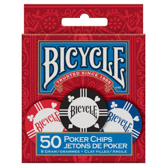 Bicycle Poker Chips set, 50 pieces in red, black, and blue with Bicycle logo, in a red box.