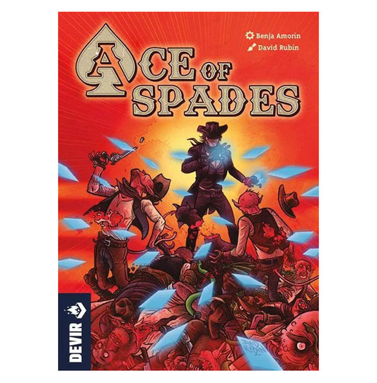 Ace of Spades playing cards featuring a gunslinger deflecting blue cards on a red background.