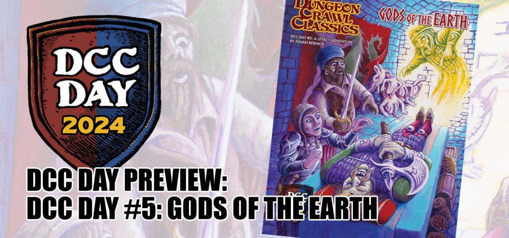 Dungeon Crawl Classics: Gods of the Earth adventure, DCC Day 2024 shield logo edition.