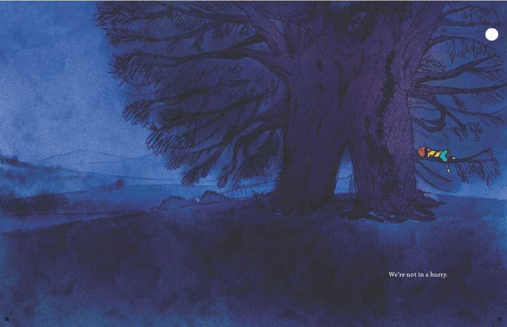 Child in bright clothes hugs a yew tree at night; text reads A Tree is a Time Machine. We’re not in a hurry.