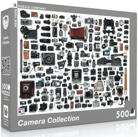 Camera Collection 500 Piece Puzzle by The New Yorker featuring a collage of cameras by Jim Golden.