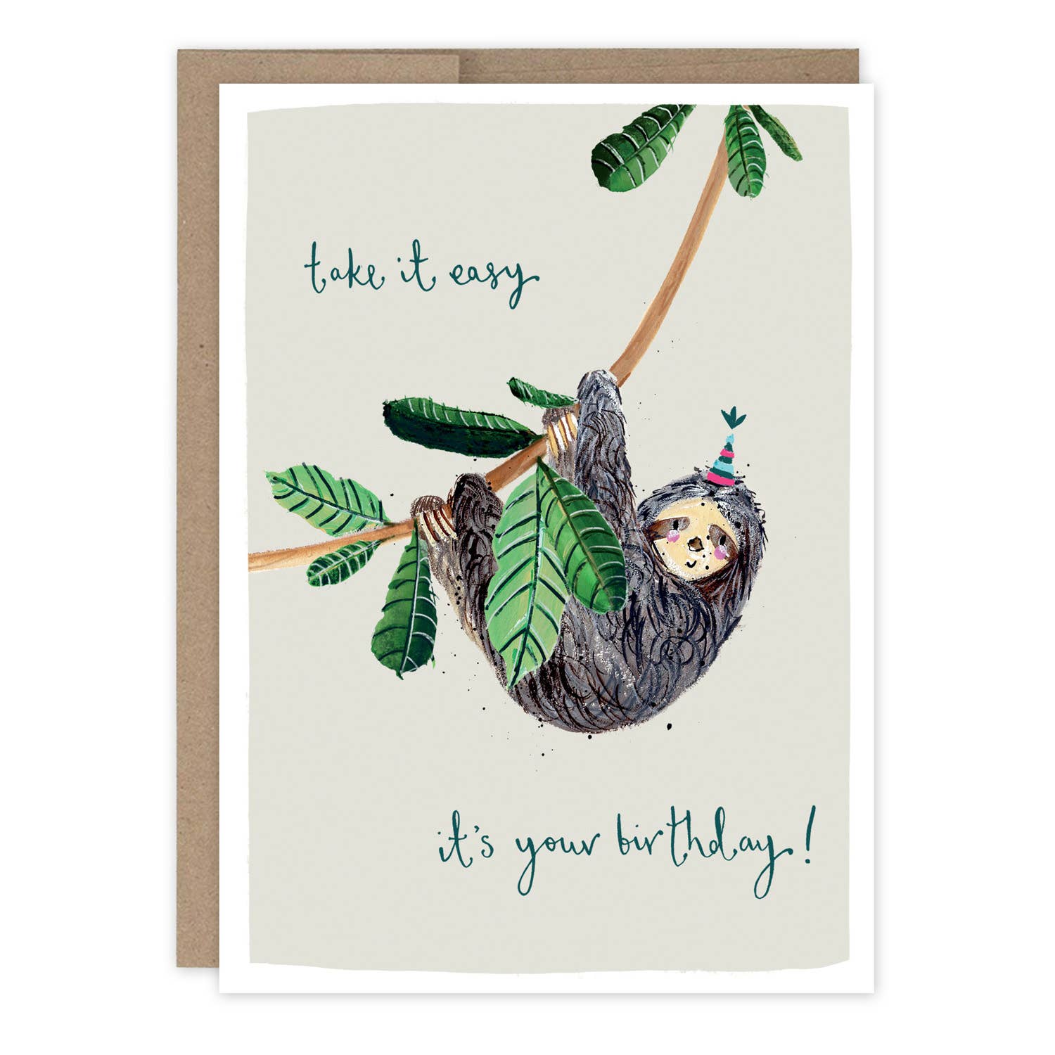Sloth Take It Easy Birthday Card featuring a sloth in a party hat hanging from a branch with Take It Easy, Its Your Birthday text.