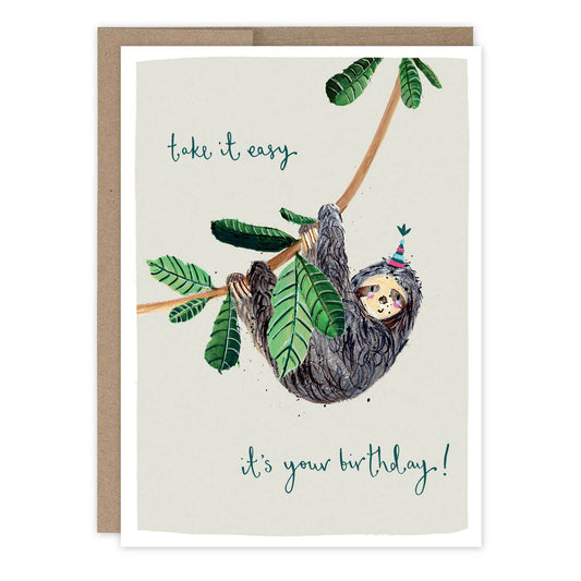 Sloth Take It Easy Birthday Card featuring a sloth in a party hat hanging from a branch with Take It Easy, Its Your Birthday text.