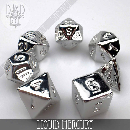 Set of six silver polyhedral DND dice, Liquid Mercury variant, displayed on a white surface.