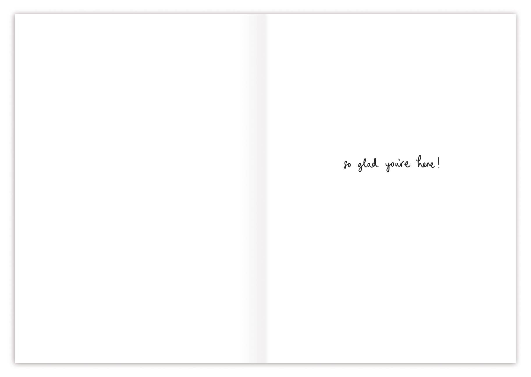 Welcome Little One Animals Baby Card with gold foil; inside message: so glad youre here Left page blank.