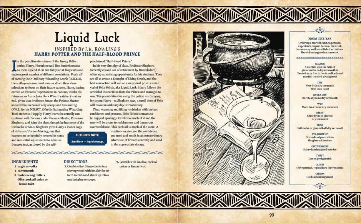 Drinking with Wizards, Warriors and Dragons cover with cauldron, potion bottle, and Liquid Luck recipe shown.
