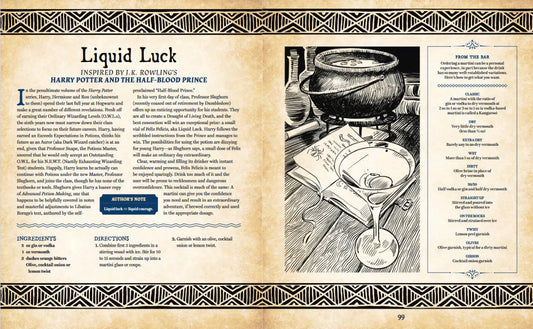 Drinking with Wizards, Warriors and Dragons cover with cauldron, potion bottle, and Liquid Luck recipe shown.