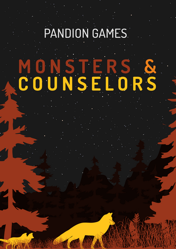 Monsters & Counselors product with a night forest scene, tree silhouettes, fox, and cat.