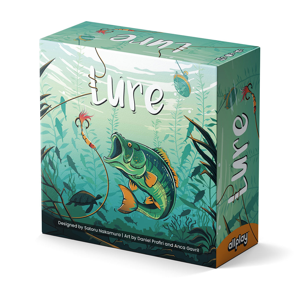 Lure board game box showing a fish jumping toward a lure.