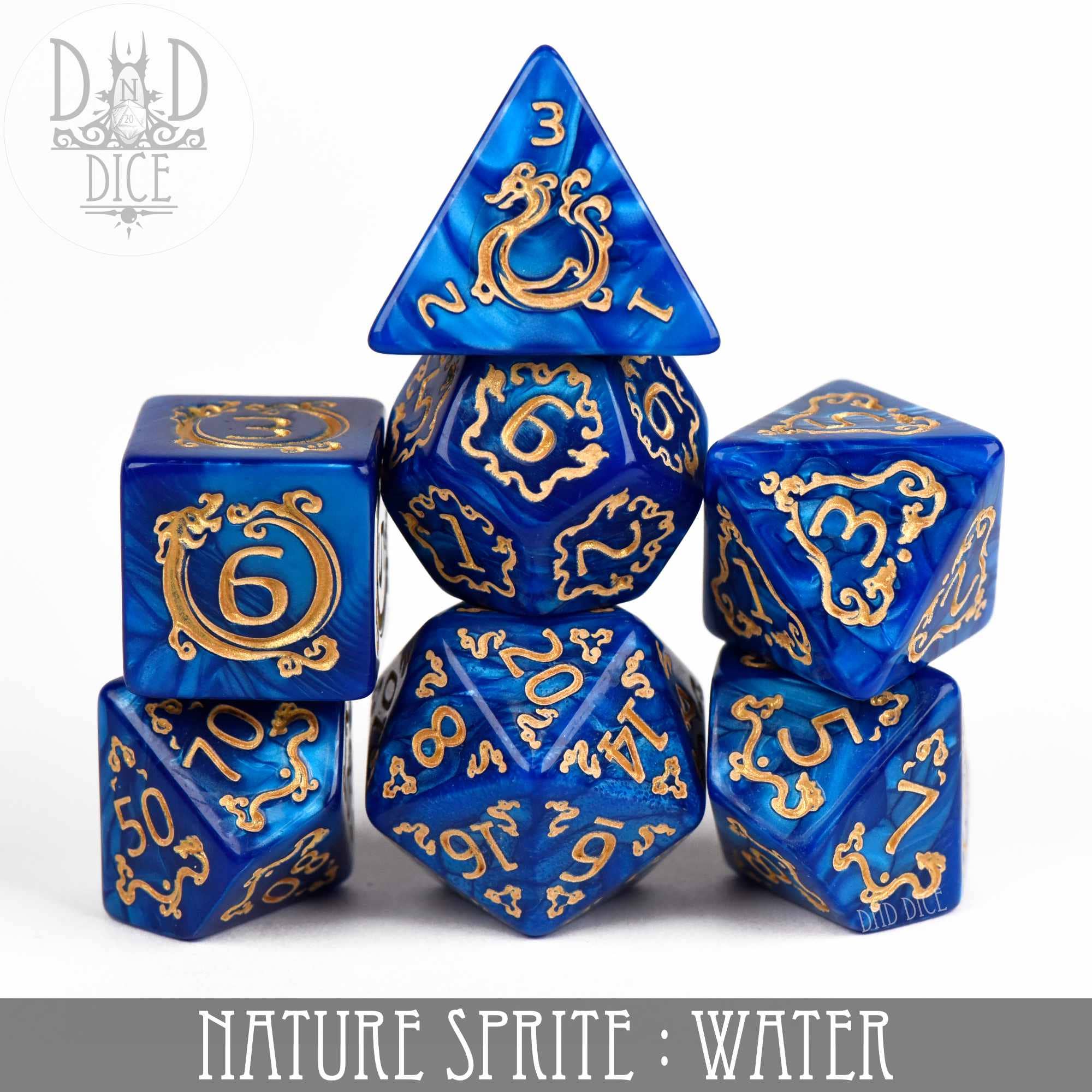 Six blue and gold acrylic DND dice labeled Nature Sprite: Water.
