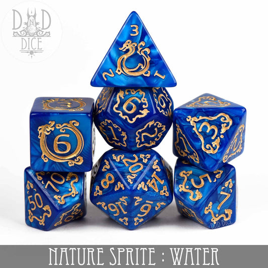 Six blue and gold acrylic DND dice labeled Nature Sprite: Water.