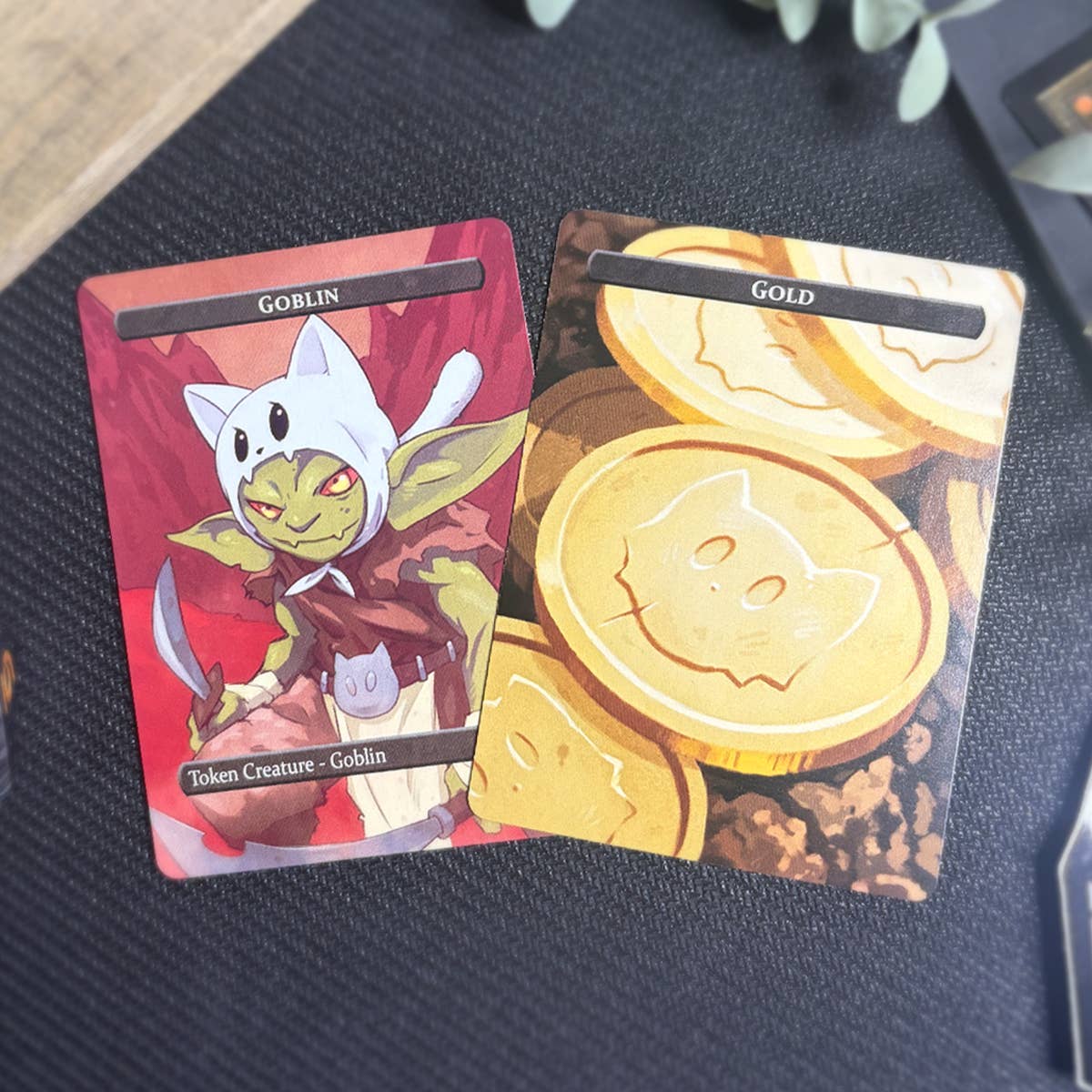 Gold & Goblin Token Set with cat-hatted goblin token and gold coin tokens featuring cat faces.