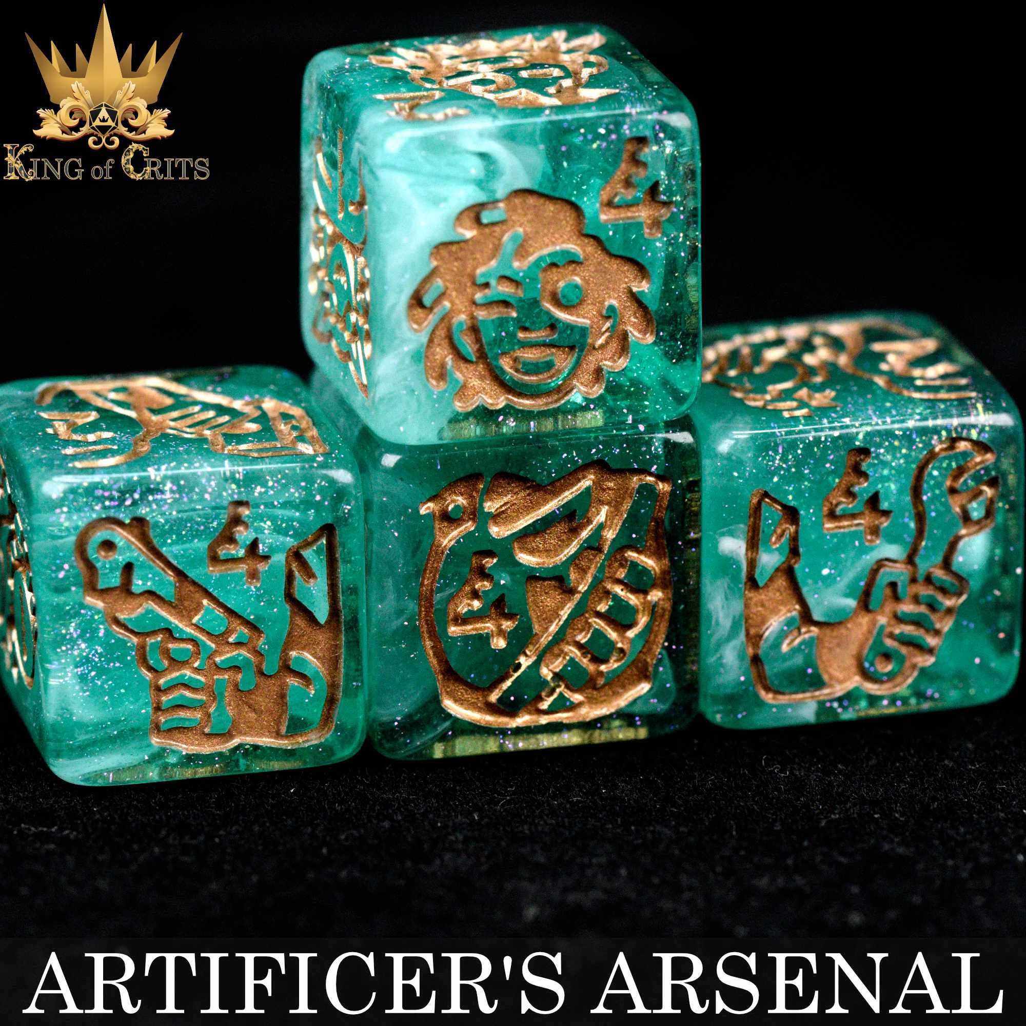 Set of 11 sparkly green DND dice with gold engravings: tools, bird, face, and King of Crits text.
