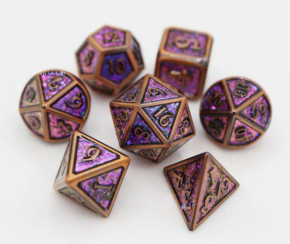 Copper Confetti RPG Dice Set with metal dice and confetti glitter enamel.