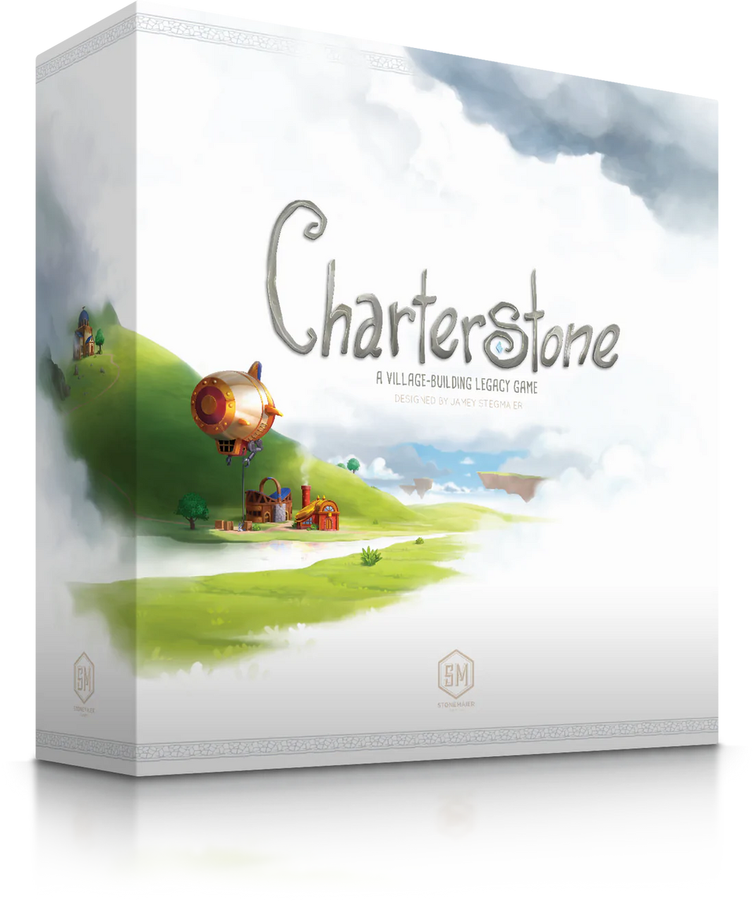 Charterstone board game box with village, airship, grassy hills, and cloudy sky artwork.