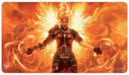 Chandra, Hope’s Beacon Playmat (MOM) with Chandra conjuring flames surrounded by swirling fire.