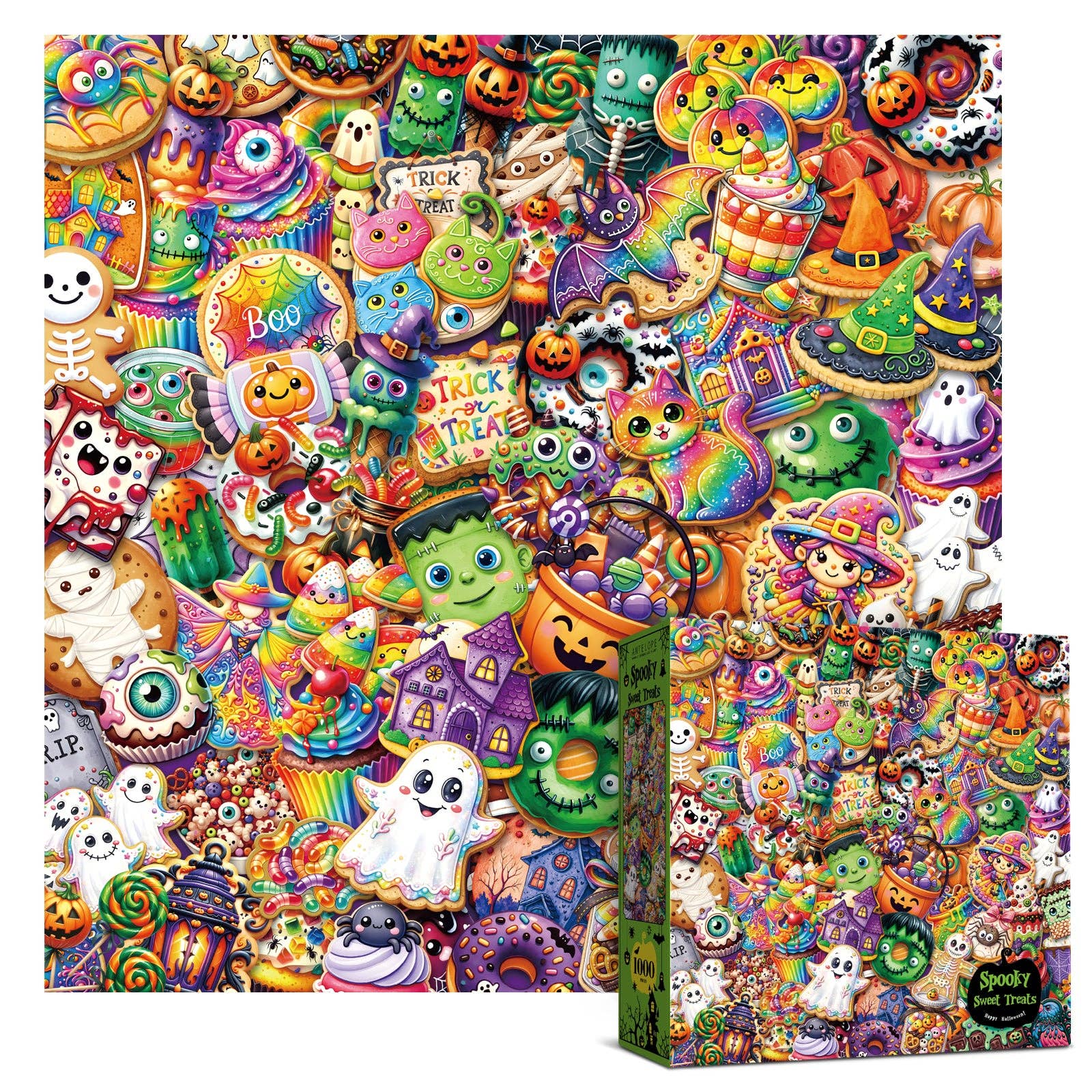 Antelope 1000 piece Spooky Sweet Treats puzzle with colorful ghosts and pumpkins, matte finish, sturdy box.