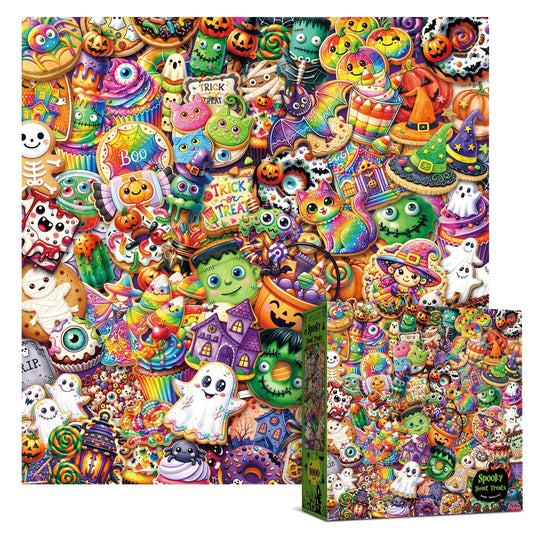 Antelope 1000 piece Spooky Sweet Treats puzzle with colorful ghosts and pumpkins, matte finish, sturdy box.