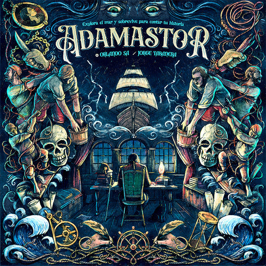 Adamastor board game with cover art showing a man writing at a desk, sailors, skulls, and a storm-tossed ship.