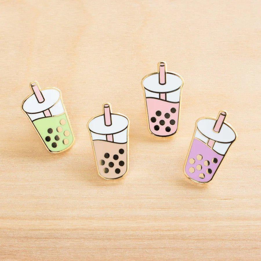Set of four Everyday Olive Boba Pins in green, beige, pink, and purple gold metal hard enamel bubble tea designs.