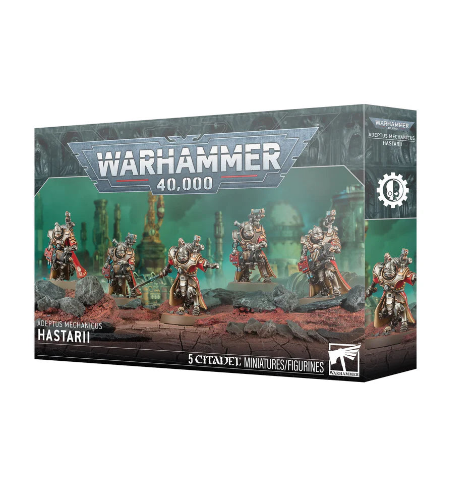 Warhammer 40,000 Adeptus Mechanicus: Hastarii box with five painted miniatures on the front.
