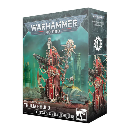 Warhammer 40,000 Adeptus Mechanicus Thulia Ghuld box with red-robed cyborg miniature.