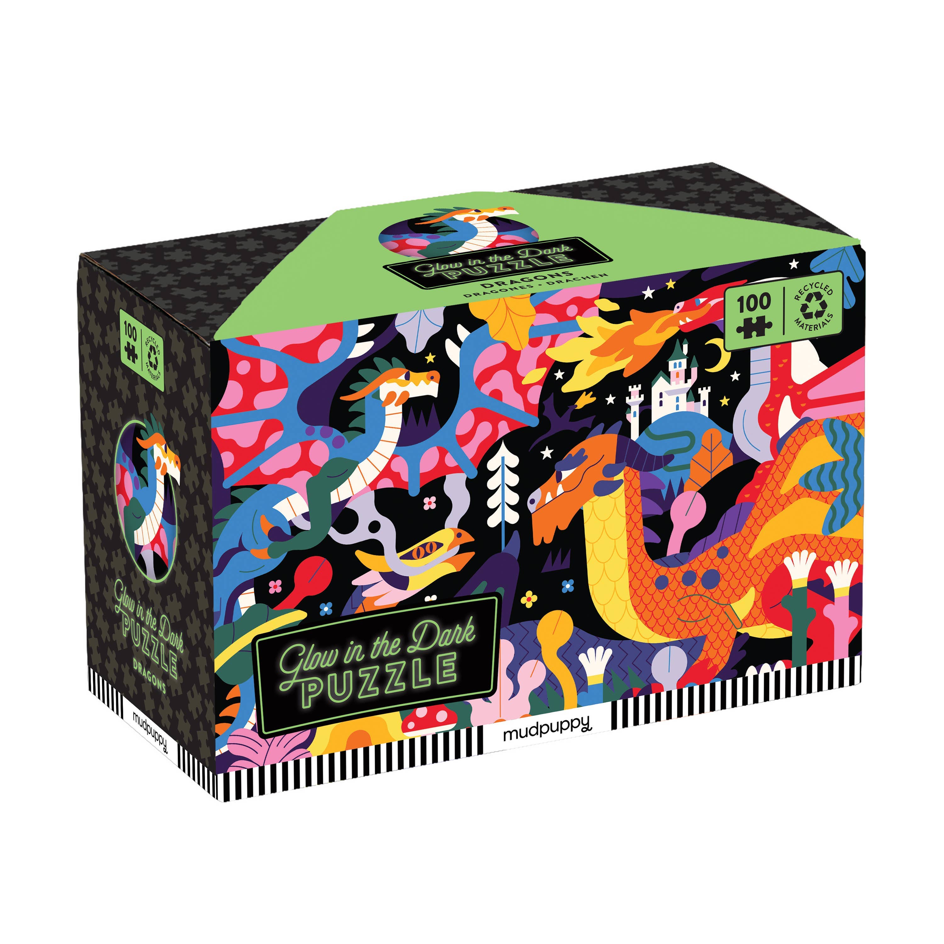 Dragons 100 Piece Glow in the Dark Puzzle with dragon and castle scene.