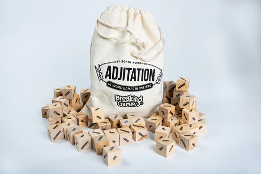 ADJitation word game cloth bag with wooden adjective cubes.