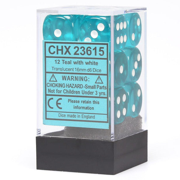 12d6 Translucent Teal/White dice set in a clear box with a warning label for children under 3.