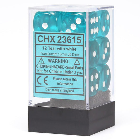 12d6 Translucent Teal/White dice set in a clear box with a warning label for children under 3.