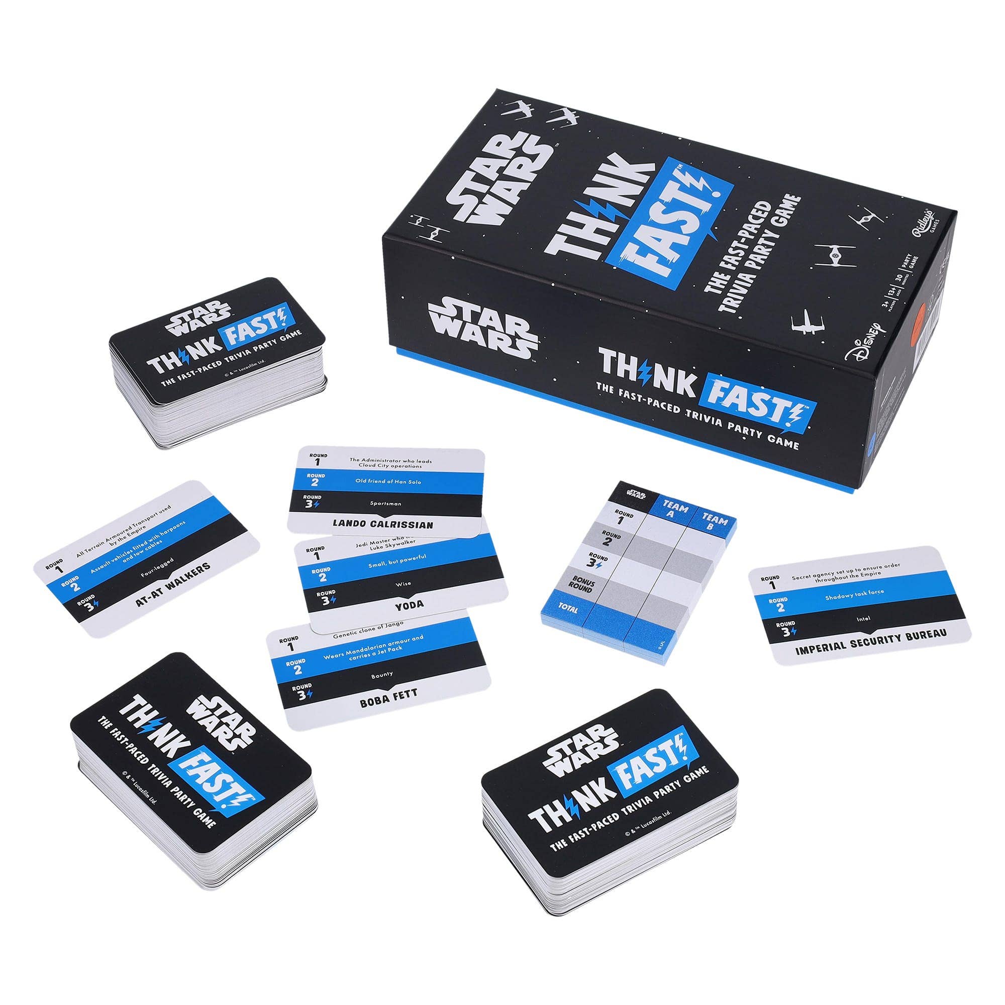 Star Wars Think Fast trivia party game with cards and box by Ridley’s Games.
