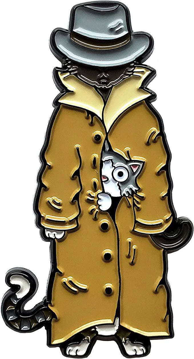 3 Cats in a Trench Coat Enamel Pin showing one cat in a trench coat with two more cats hidden inside.
