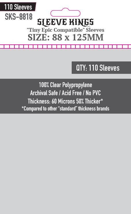 Sleeve Kings Tiny Epic Sleeves, 88x125mm, pack of 110, 60 micron thickness, clear archival safe polypropylene.
