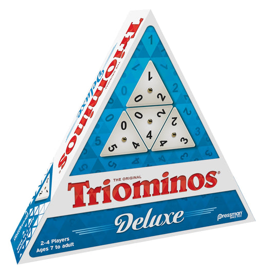 Triominos Deluxe triangular domino game for 2-4 players ages 7+, includes deluxe tiles in a triangular box.