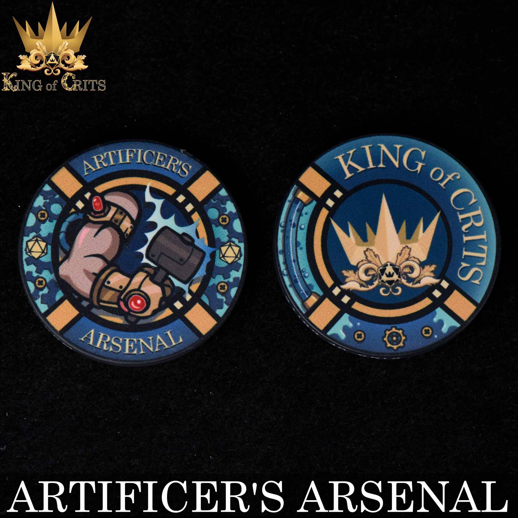 Two round tokens featuring a mechanical arm and King of Crits, compatible with the Artificers Arsenal - 11 Dice Set.