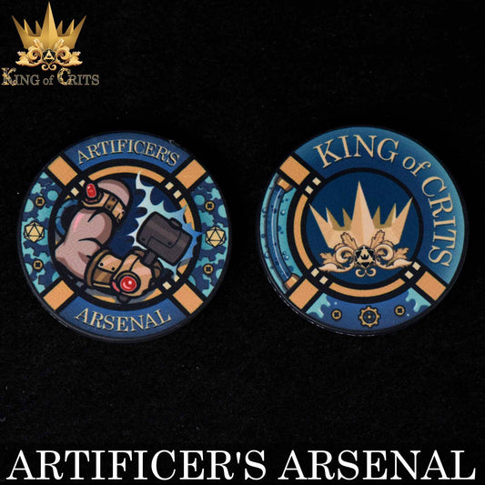 Two round tokens featuring a mechanical arm and King of Crits, compatible with the Artificers Arsenal - 11 Dice Set.