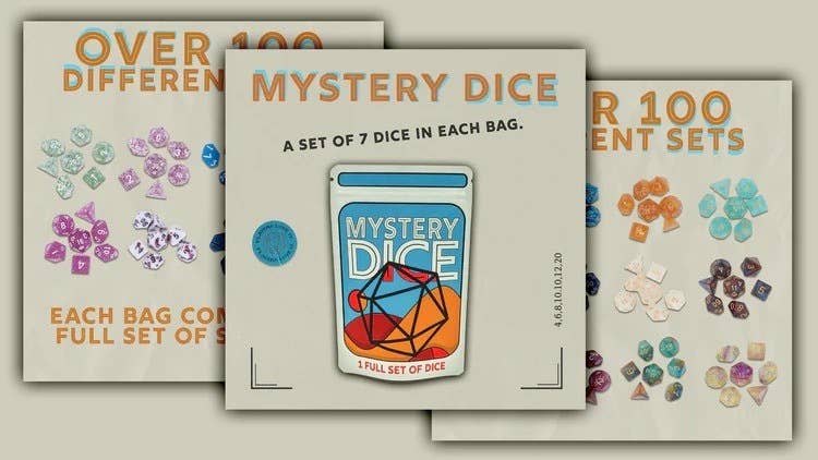 Mystery Dice with 100+ varieties; each bag contains a full set of 7 unique polyhedral dice.