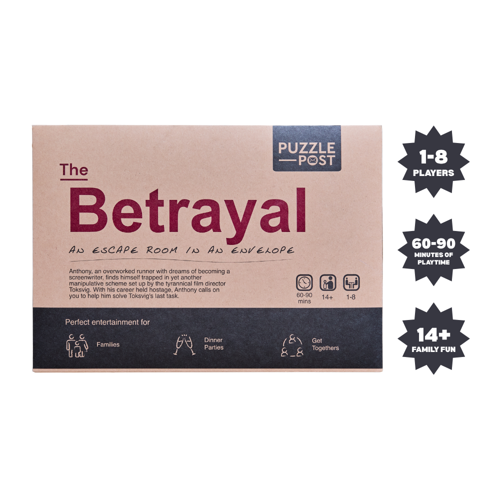 Escape Room puzzle board game, The Betrayal edition, 1-8 players, 60-90 min, ages 14+.