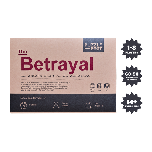 Escape Room puzzle board game, The Betrayal edition, 1-8 players, 60-90 min, ages 14+.