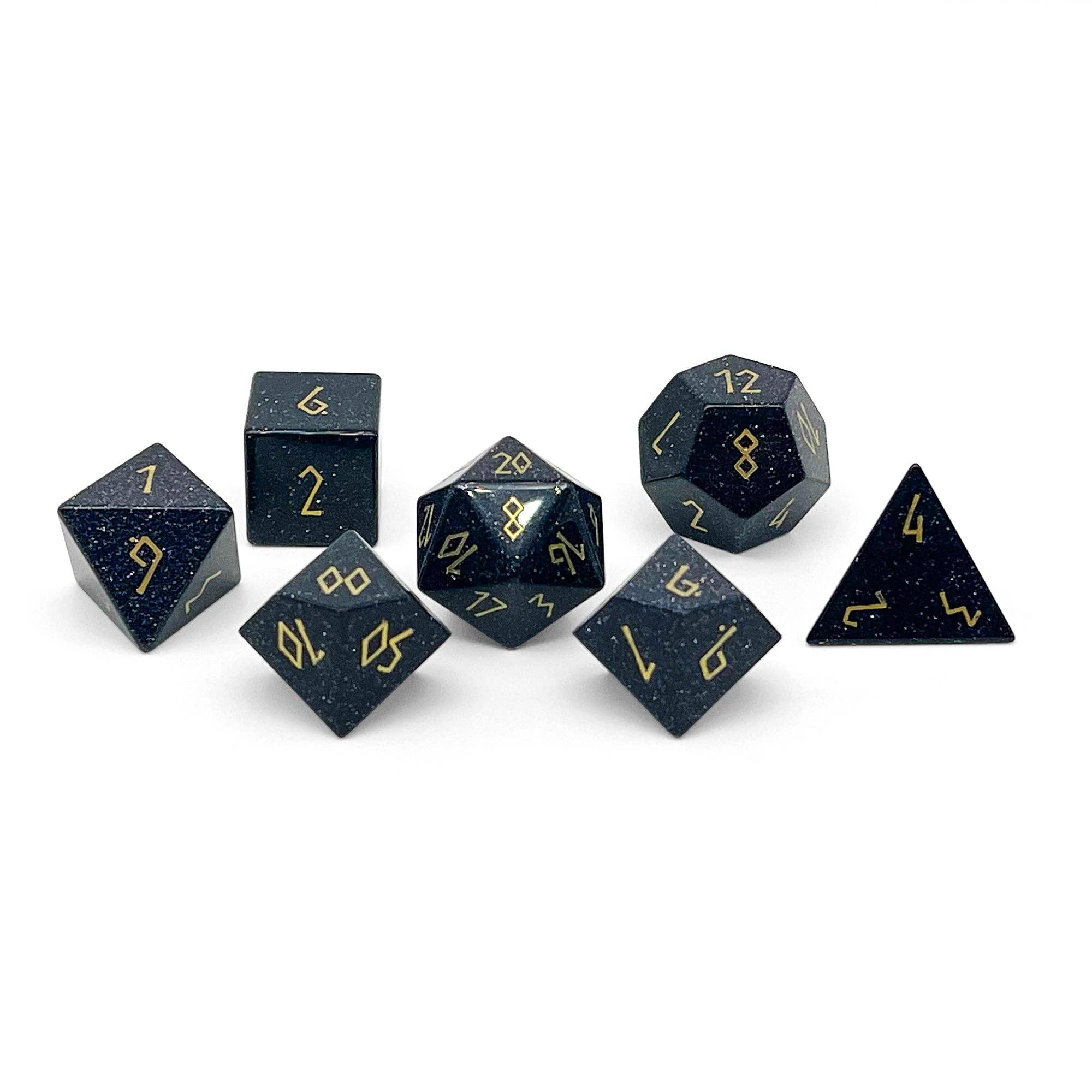 Blue Sandstone 7-piece gemstone RPG dice set with gold numbers, arranged in a row on a white background.